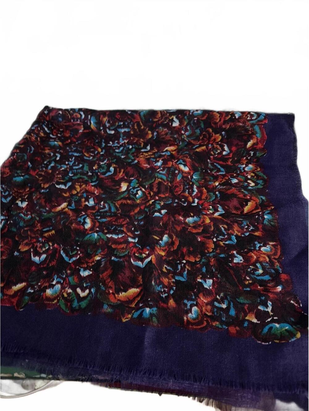 Vintage Italian 100% Wool Floral Scarf Purple Border